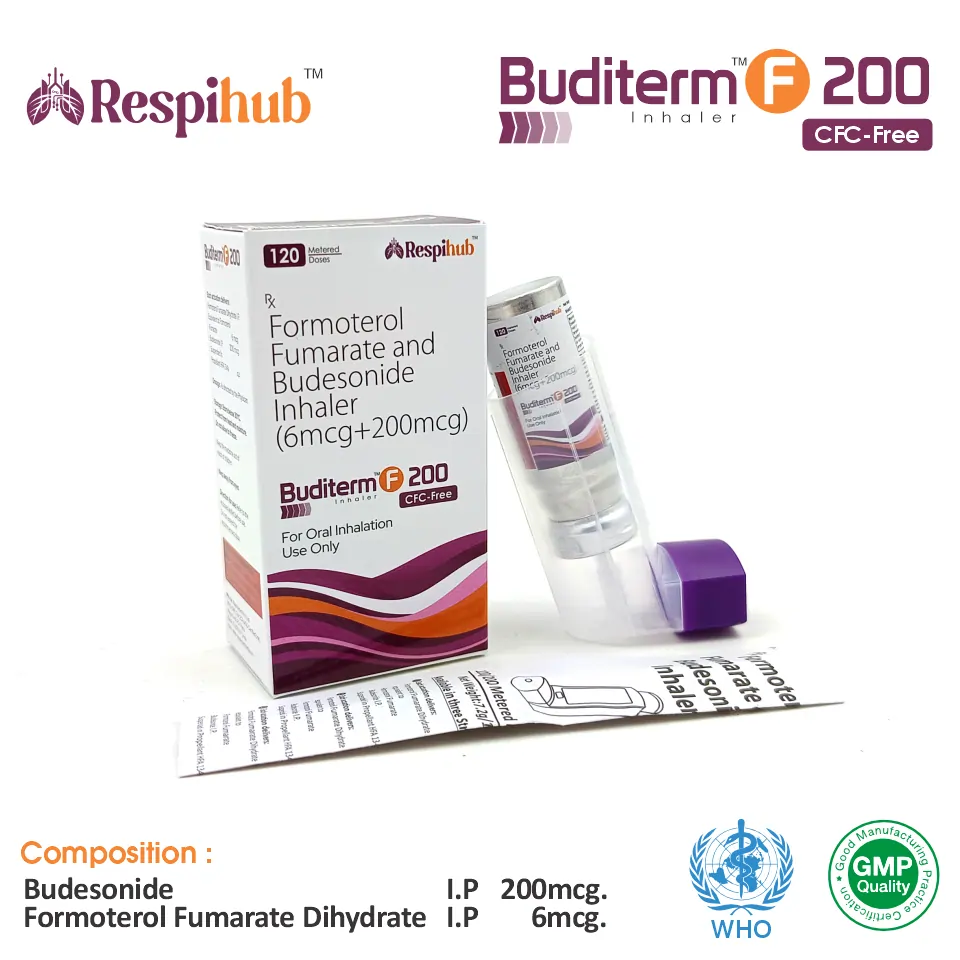 Buditerm F 200 Inhaler with Formoterol 6mcg + Budesonide 200mcg at Best Price in PCD Pharmacia Franchise for Bronchodilator/Corticosteroid and Asthma Treatment